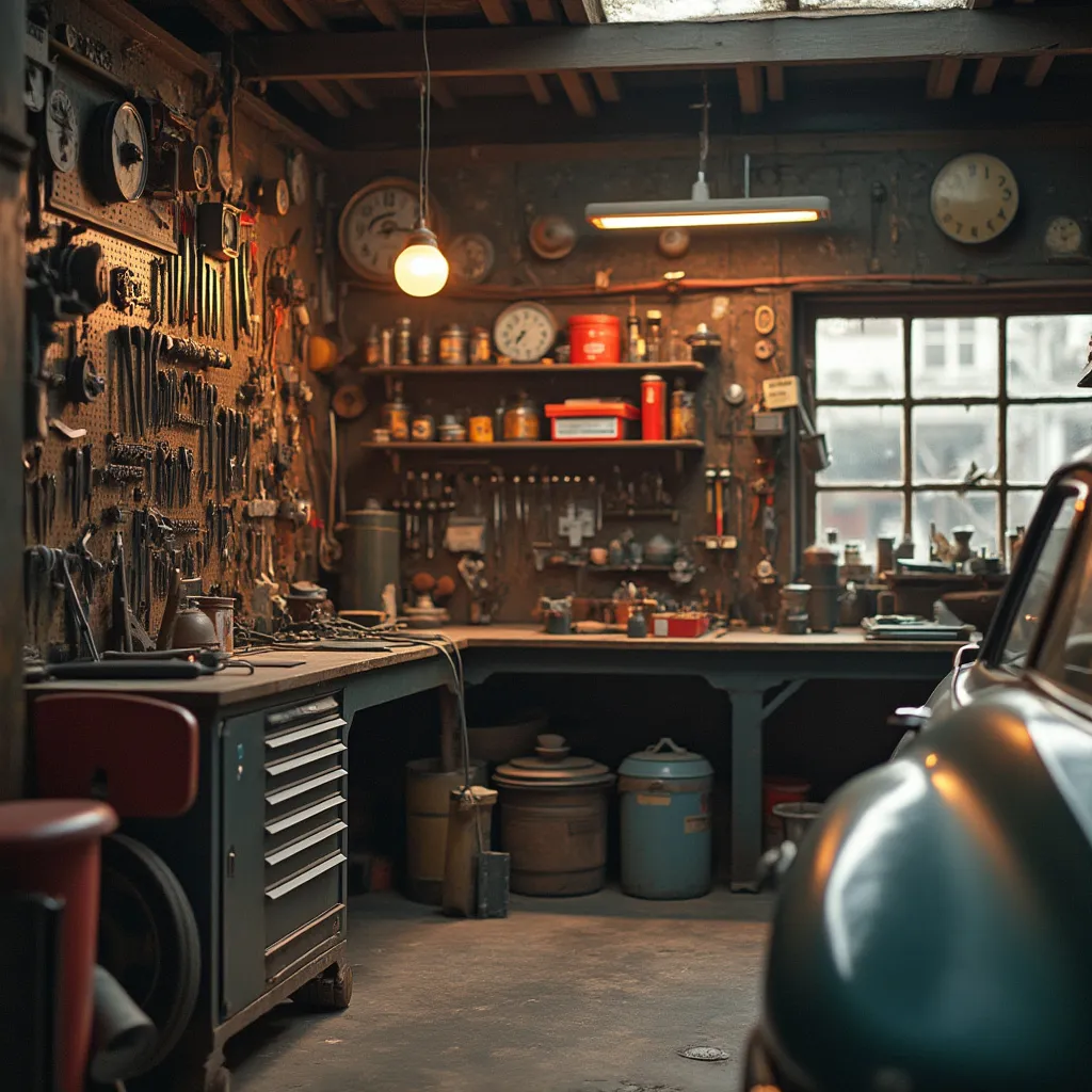 Interior de taller AutoTech con herramientas y ambiente retro